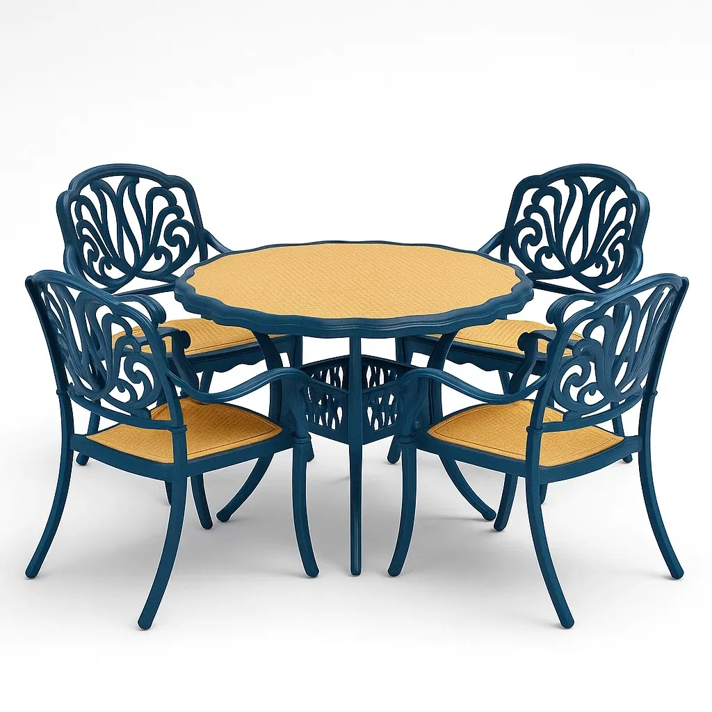 Set da pranzo da esterno in alluminio blu e rattan sintetico giallo