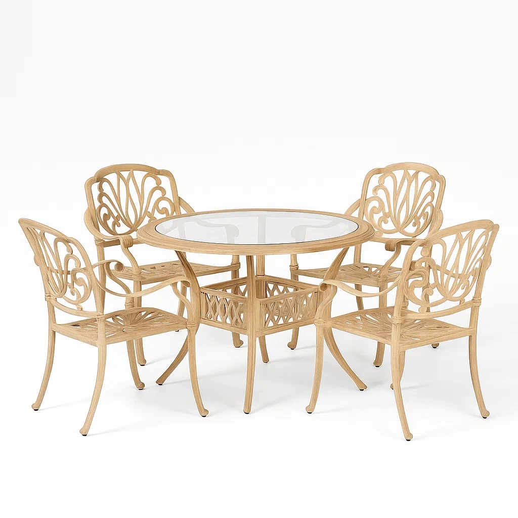 Set da pranzo da esterno con tavolo rotondo in alluminio e piano in vetro temperato con 4 sedie beige