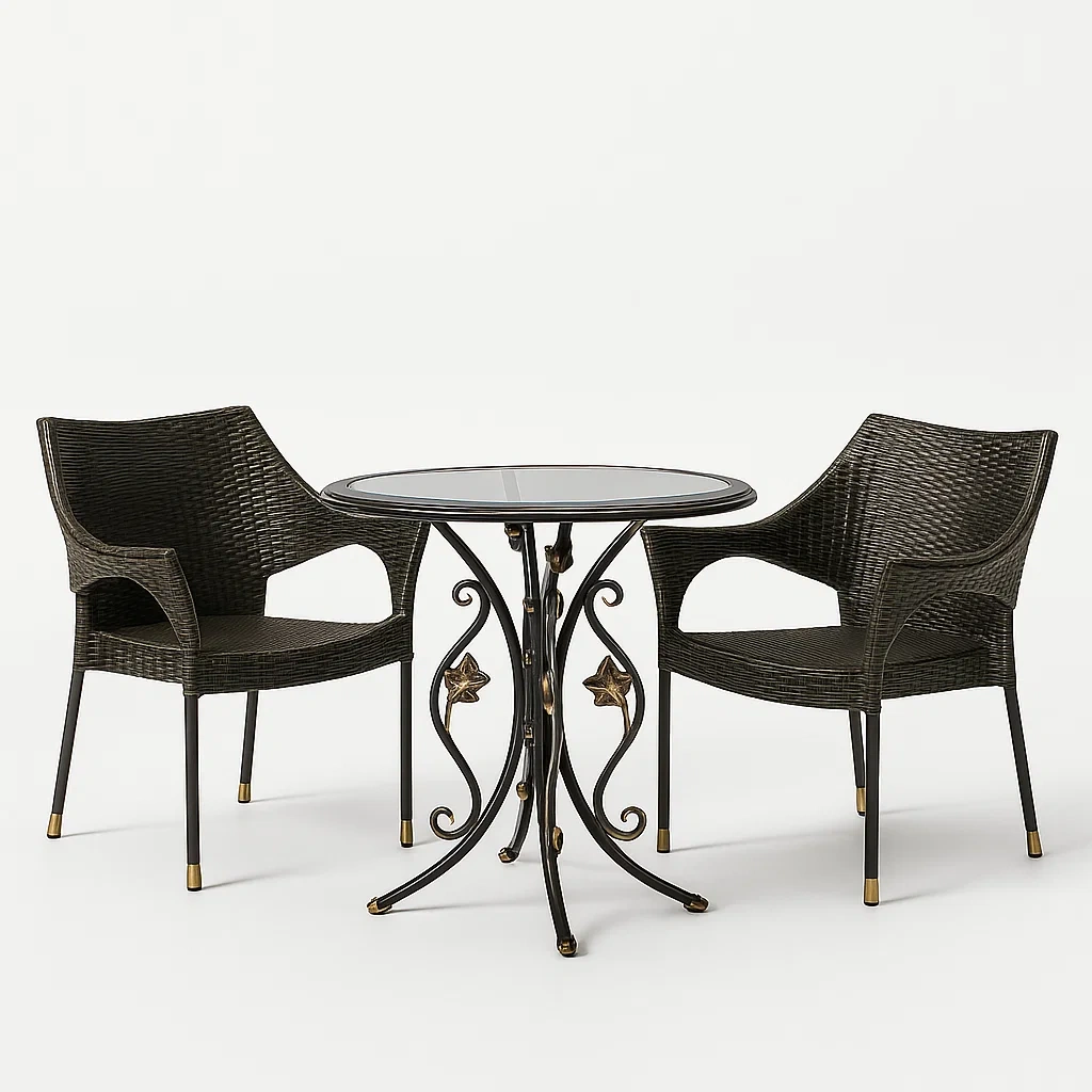 Set lounge da giardino con tavolo rotondo in vetro e sedie in rattan sintetico