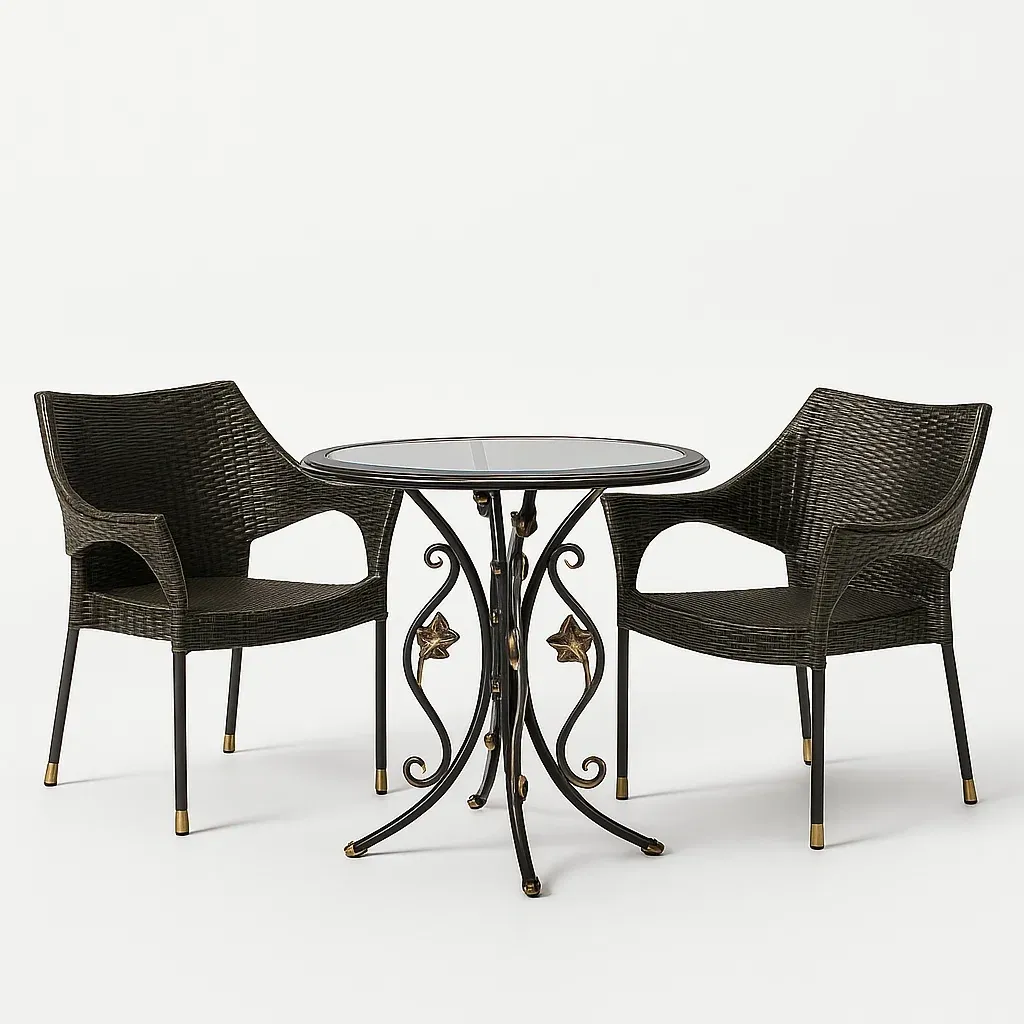 Set lounge da giardino con tavolo rotondo in vetro e sedie in rattan sintetico