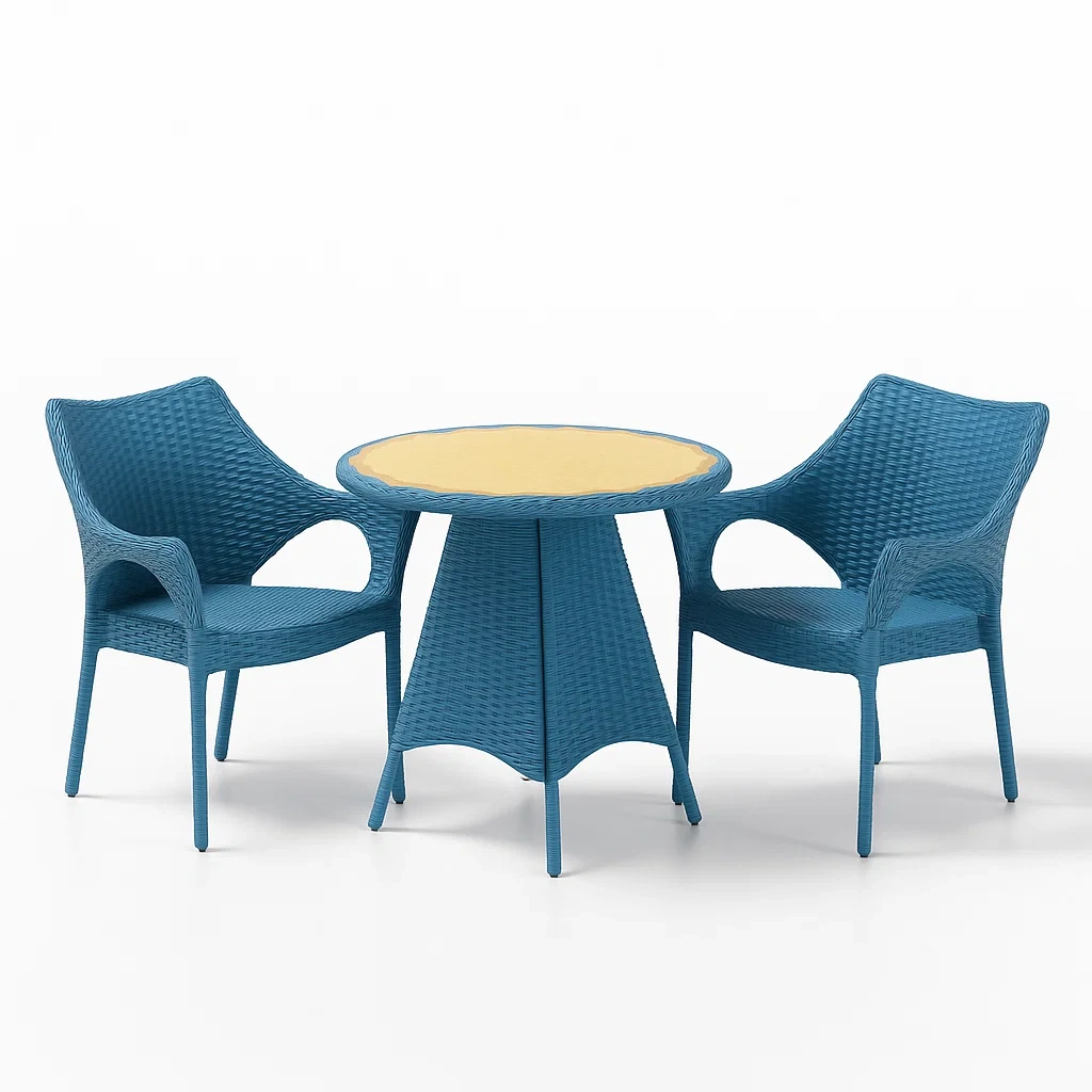 Set lounge da giardino in rattan PE blu con tavolo rotondo e due sedie