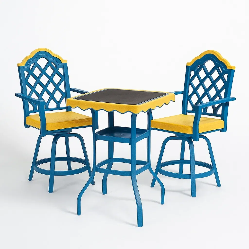 Set lounge da giardino con sedie girevoli e tavolo da esterno in HDPE blu e giallo