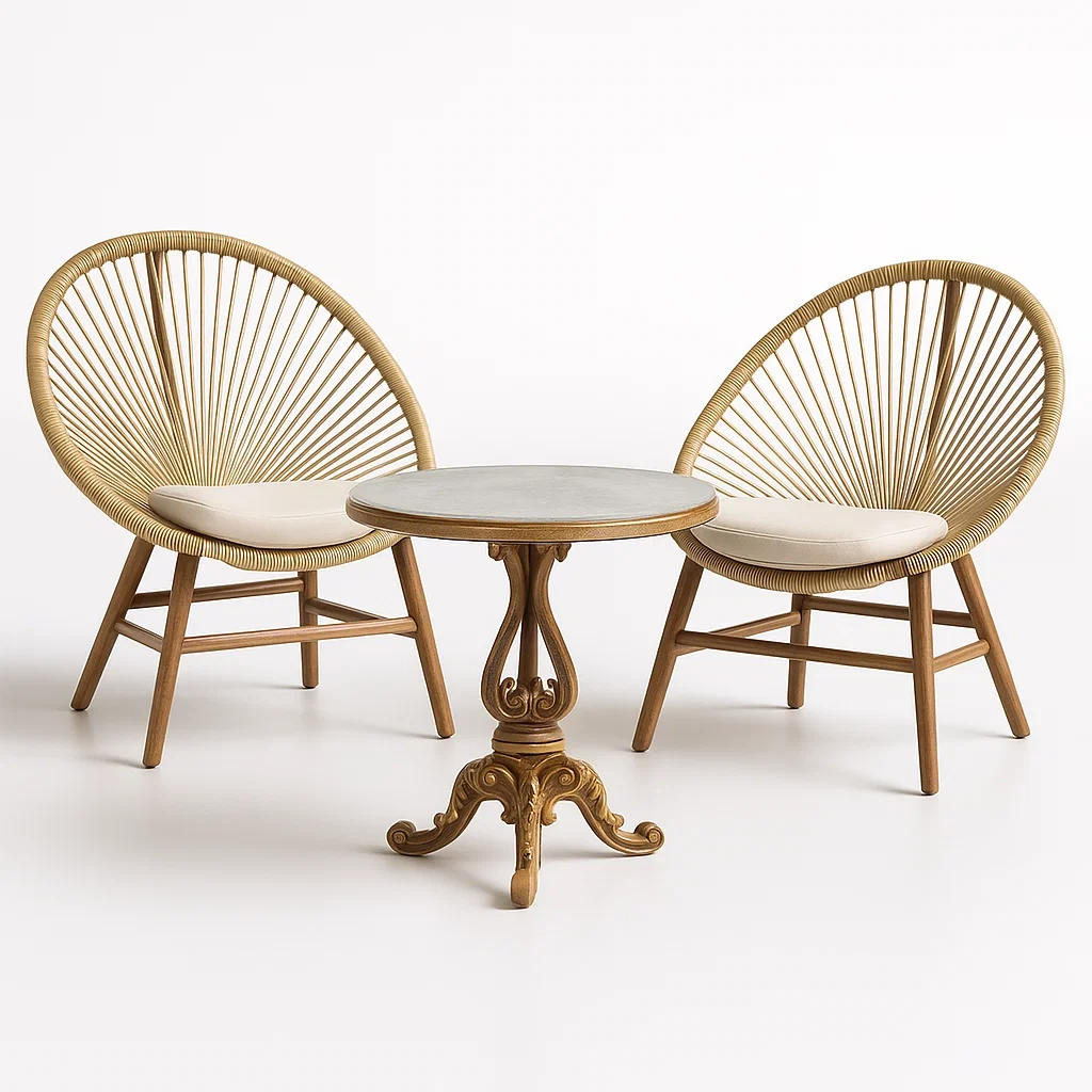 Set lounge da giardino con tavolino rotondo e sedie lounge in rattan e legno scolpito