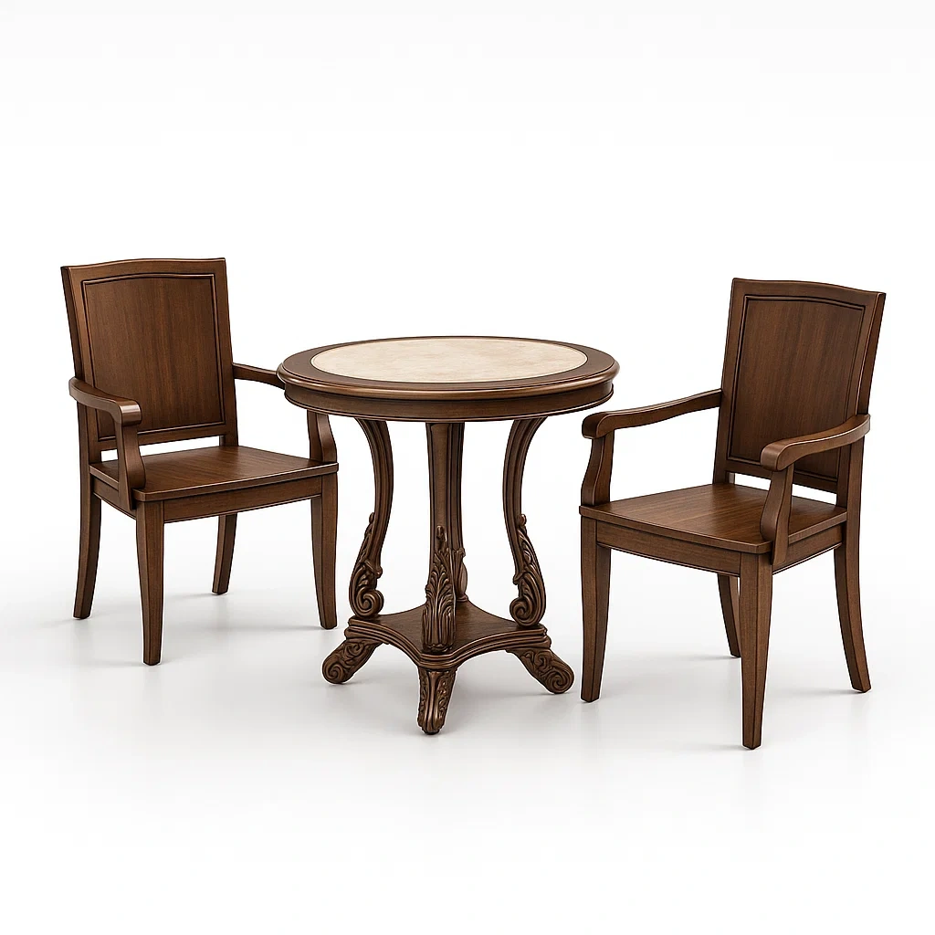 Set lounge da interno in legno massello marrone con tavolo rotondo e sedie