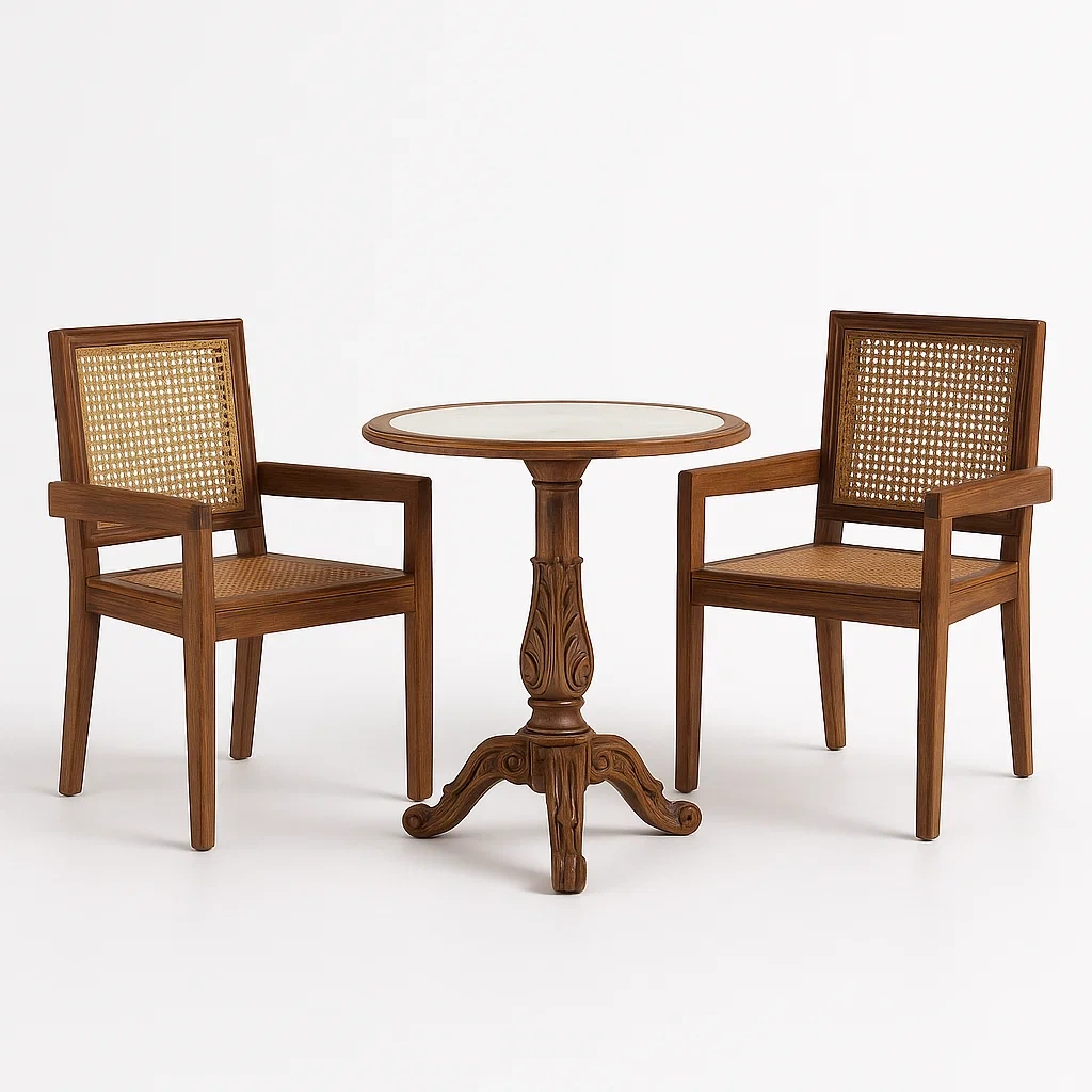 Set lounge da giardino in legno e sedie in rattan marrone con tavolo rotondo