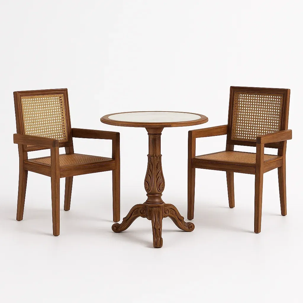 Set lounge da giardino in legno e sedie in rattan marrone con tavolo rotondo