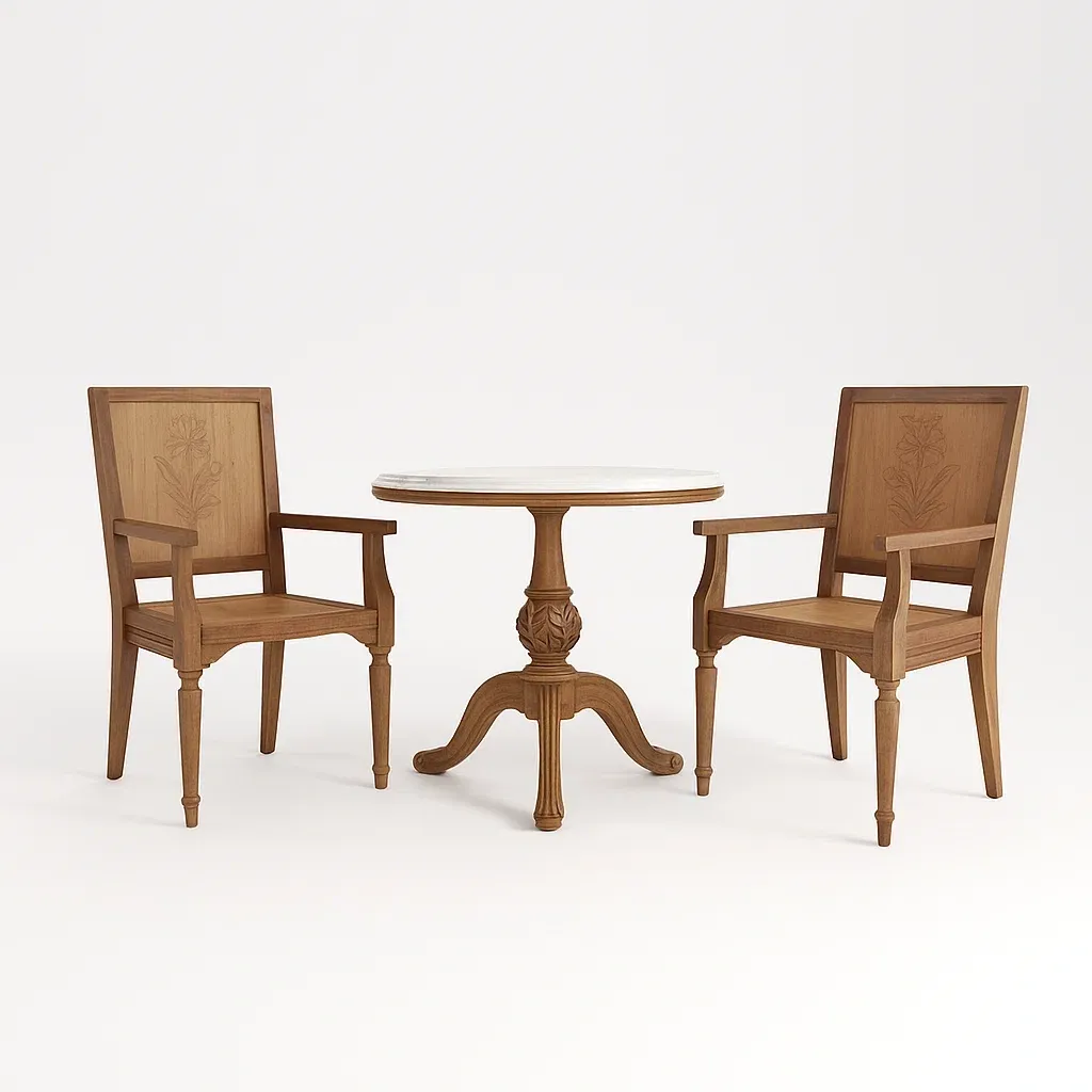 Set lounge da giardino con tavolo rotondo in legno e marmo e due sedie intarsiate