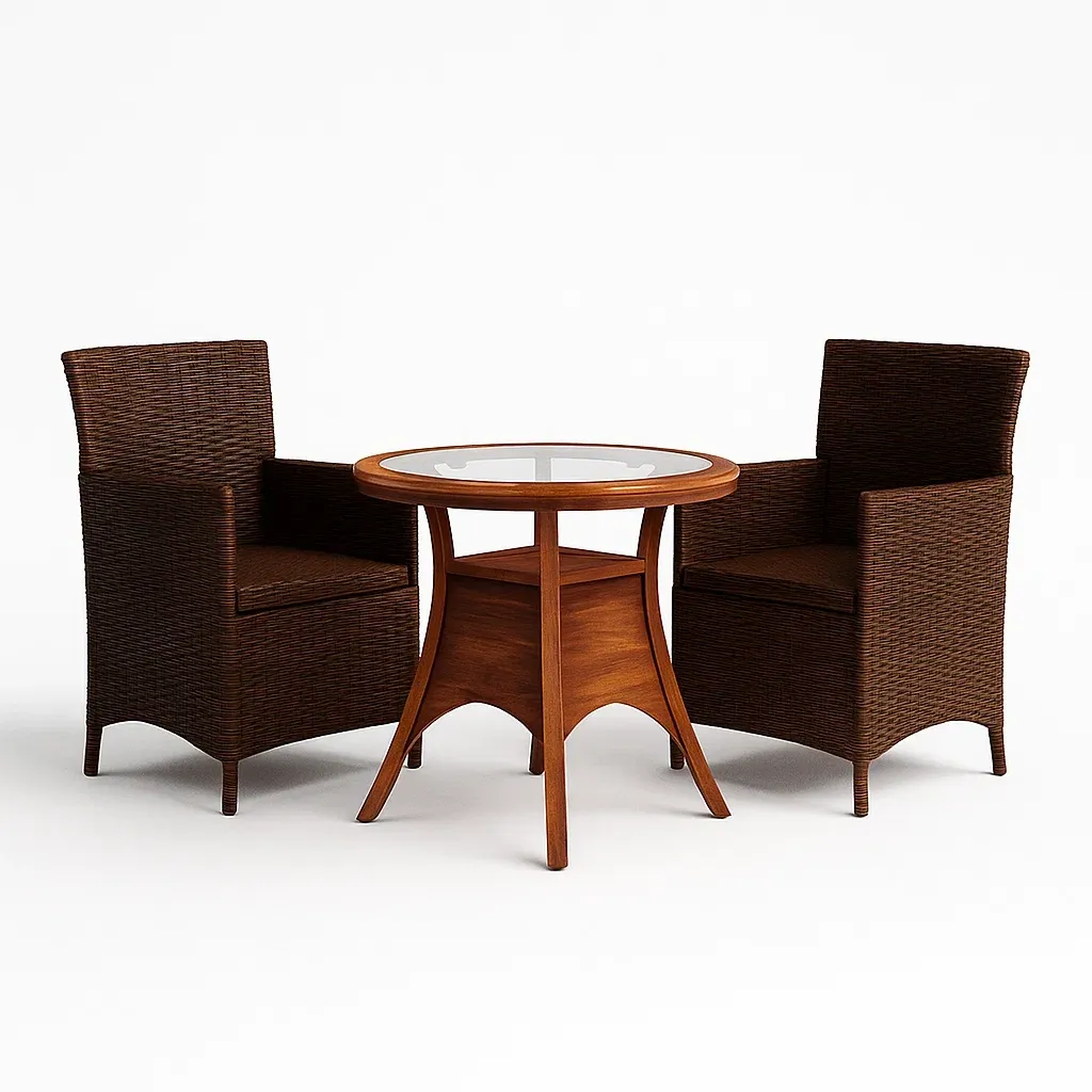 Set lounge da giardino con tavolo rotondo in legno e vetro temperato e sedie in rattan marrone