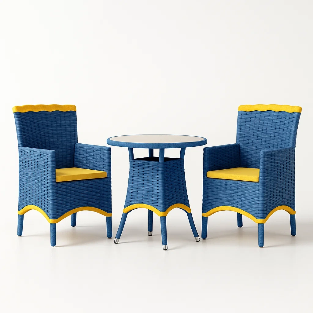 Set lounge da giardino in rattan blu e giallo con cuscini, tavolo rotondo in vetro temperato, sedie 58x60x87 cm