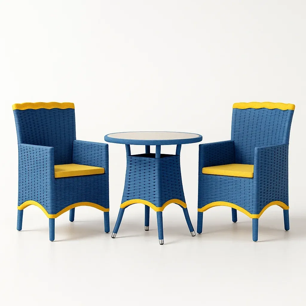 Set lounge da giardino in rattan blu e giallo con cuscini, tavolo rotondo in vetro temperato, sedie 58x60x87 cm