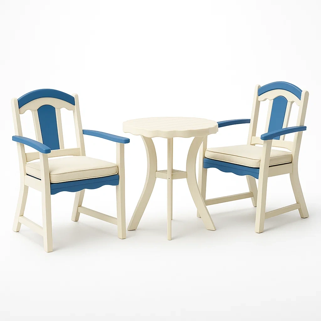 Set lounge da giardino in legno bianco e blu con cuscini