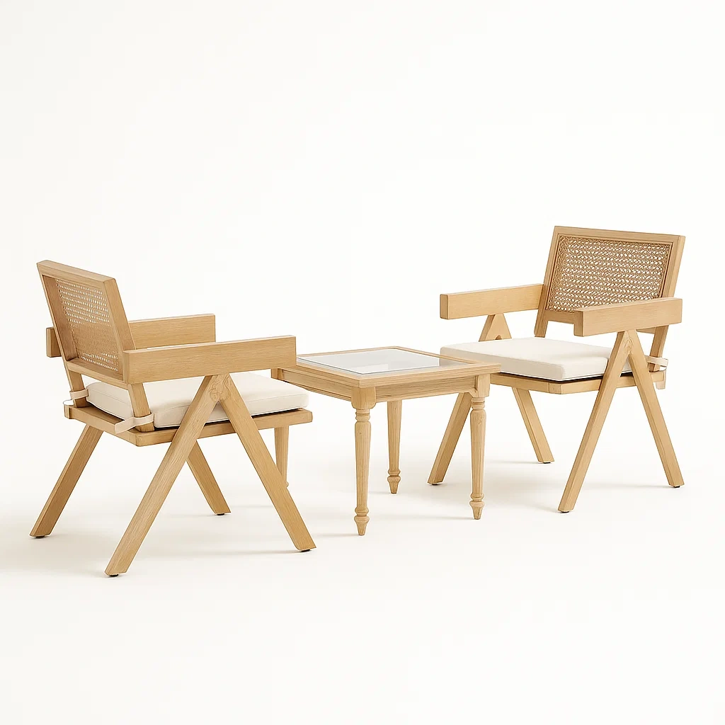 Set lounge da giardino in legno con cuscini bianchi: 2 sedie e tavolino