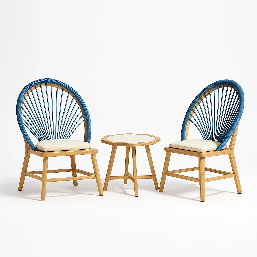 Set lounge da giardino con due sedie in legno e corda blu, tessuto beige e tavolino