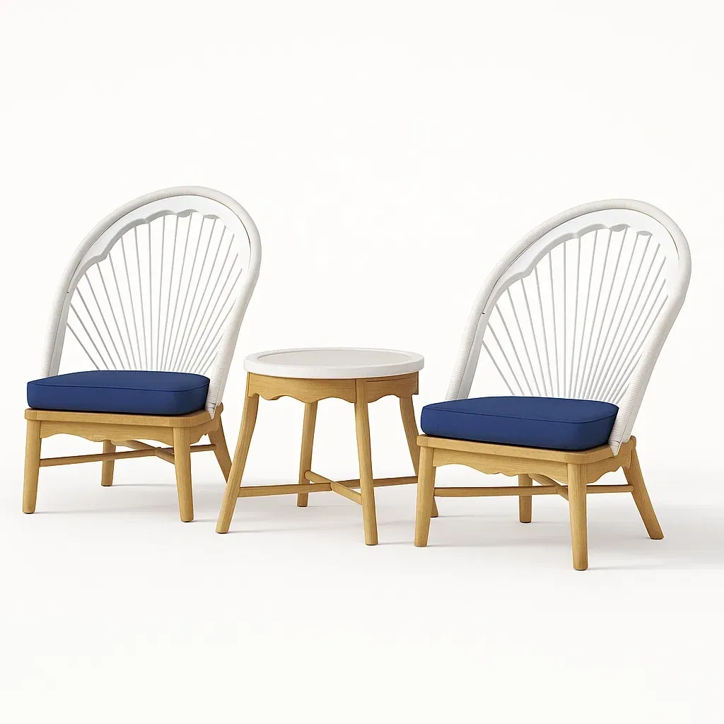 Set lounge da giardino con 2 sedie a schienale curvo in legno e poliestere e tavolino