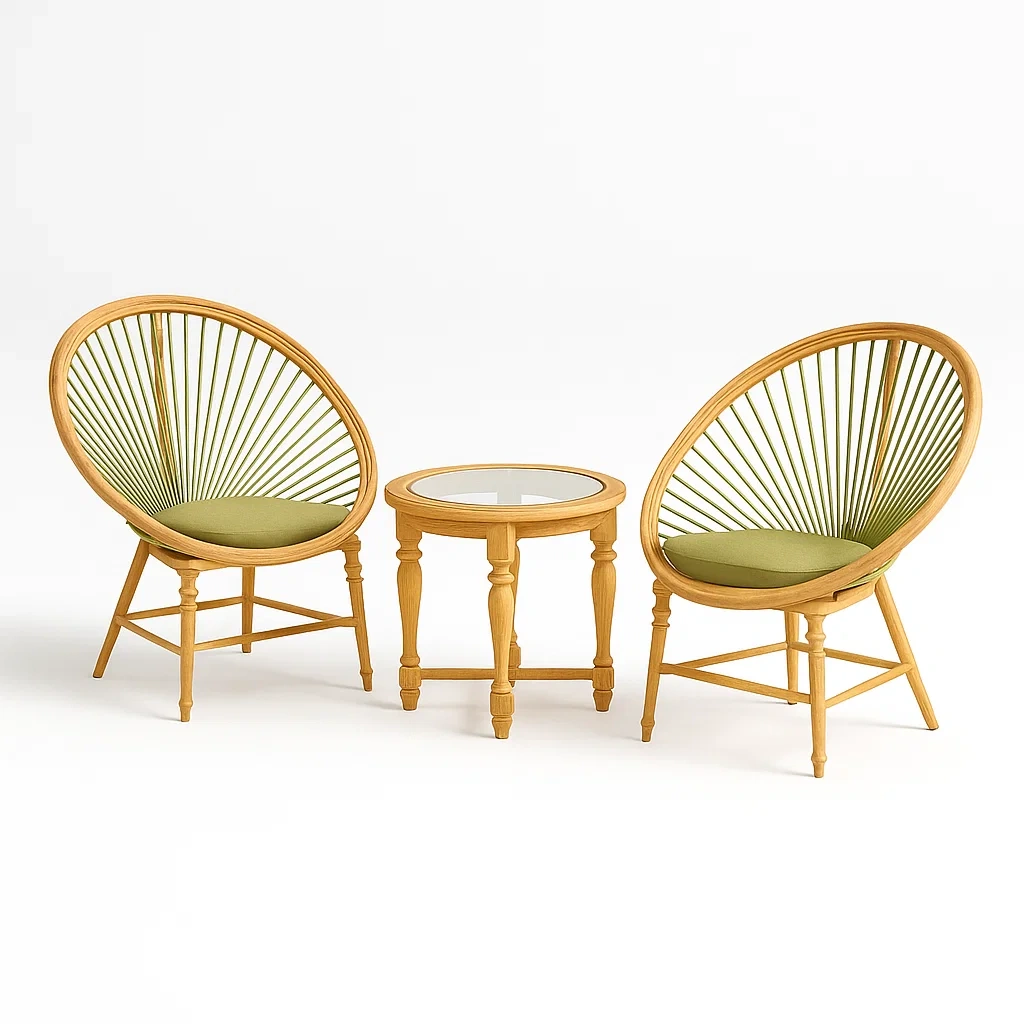 Set lounge da giardino con 2 poltrone in legno con tessuto verde e tavolino in vetro