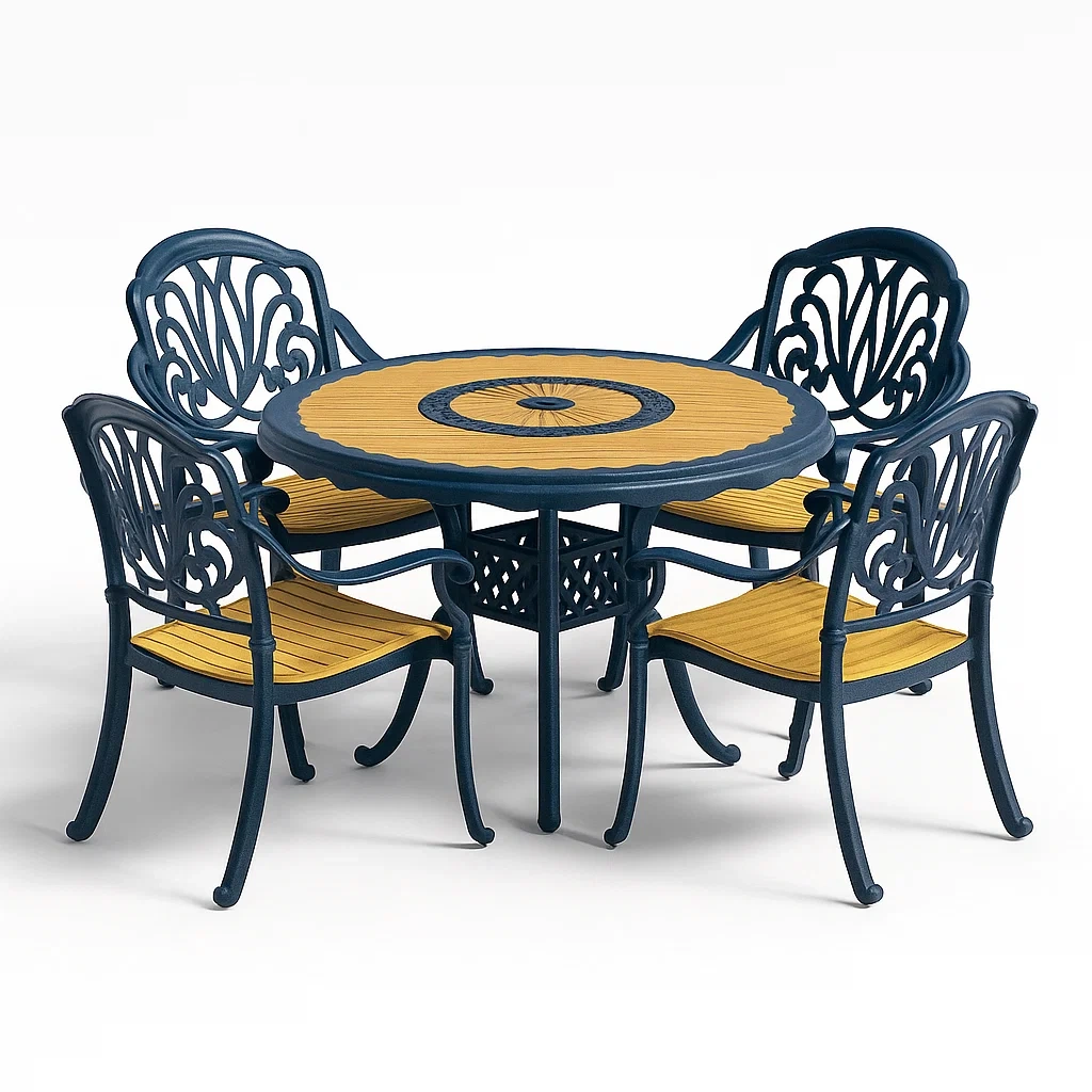 Set da pranzo da esterno rotondo in metallo e legno composito con 4 sedie