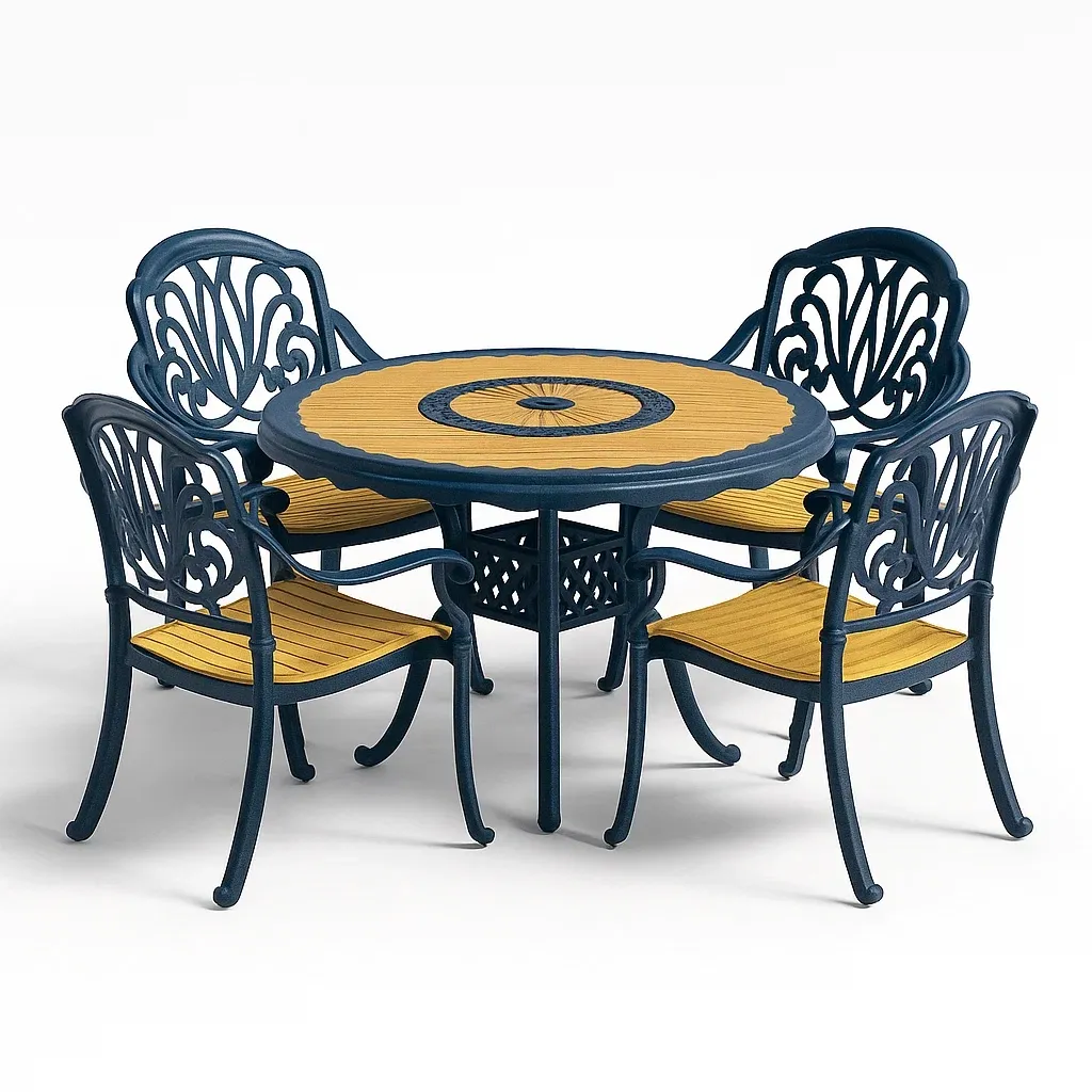 Set da pranzo da esterno rotondo in metallo e legno composito con 4 sedie