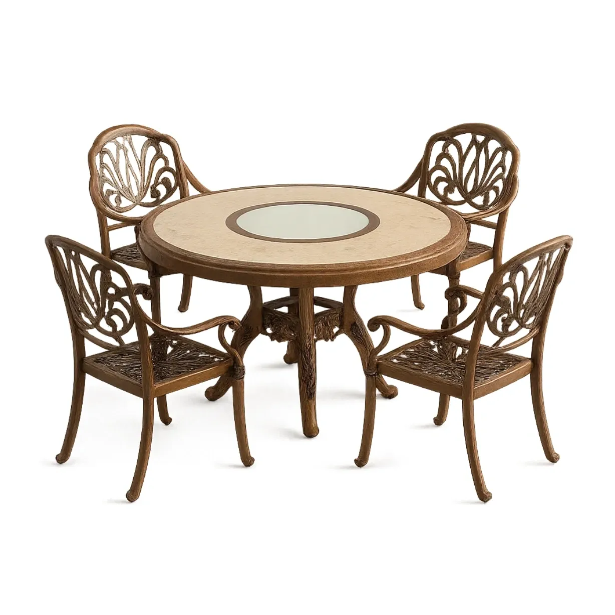 Set da pranzo da esterno in alluminio con tavolo rotondo e 4 sedie marroni