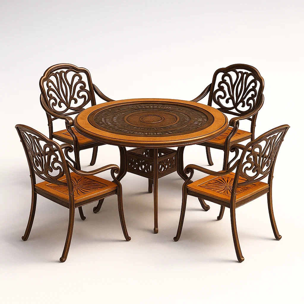 Set da pranzo da esterno in metallo e legno per esterno