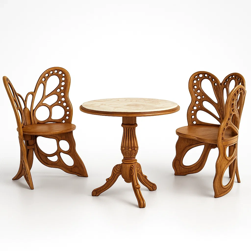 Set lounge da giardino in legno con tavolo rotondo e 2 sedie a forma di farfalla