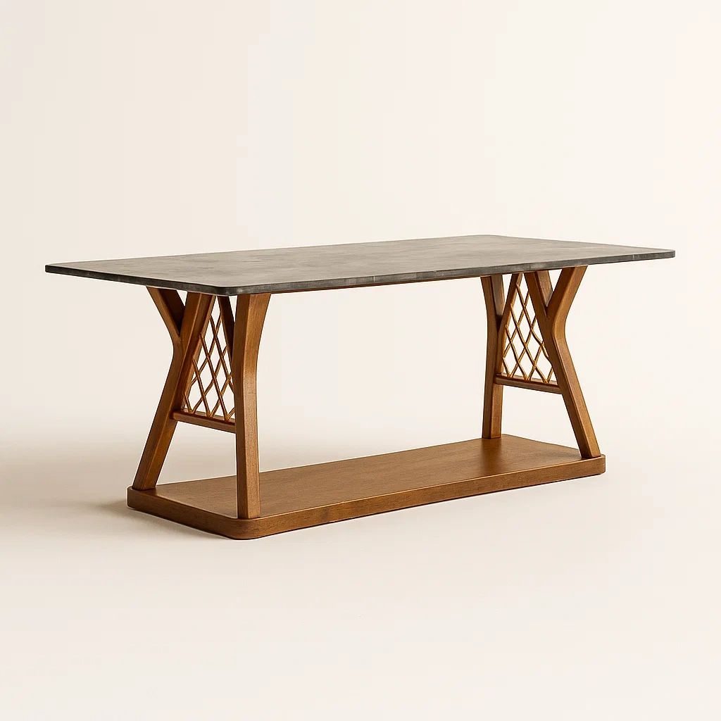 Tavolo da pranzo per interni rettangolare in marmo e legno con dettagli incrociati 160x80x75 cm