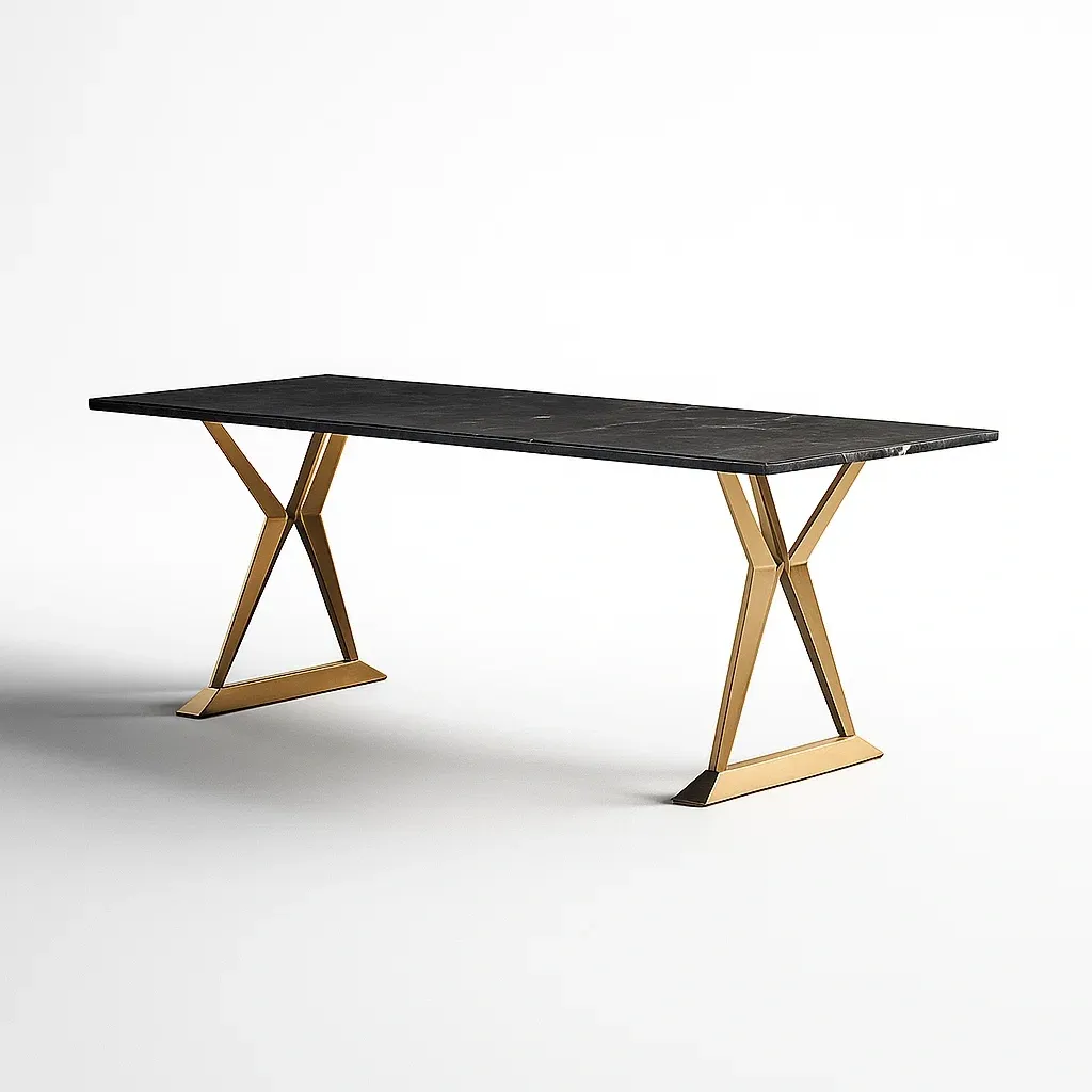 Tavolo da pranzo per interni rettangolare in marmo nero con gambe in metallo dorato