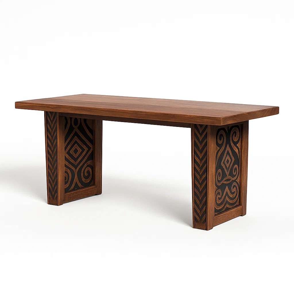 Tavolo da pranzo per interni rettangolare decorato in legno massello marrone