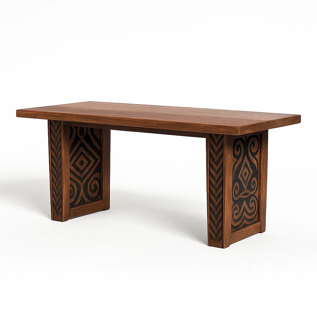 Tavolo da pranzo per interni rettangolare decorato in legno massello marrone