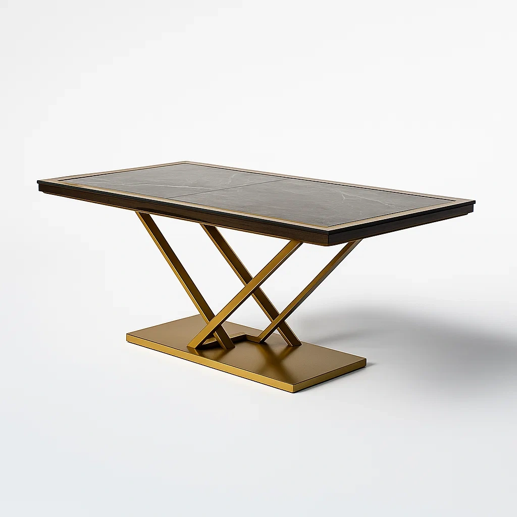 Tavolo da pranzo per interni da pranzo rettangolare con piano in pietra, dimensioni 180 × 90 × 75 cm, struttura in metallo dorato.