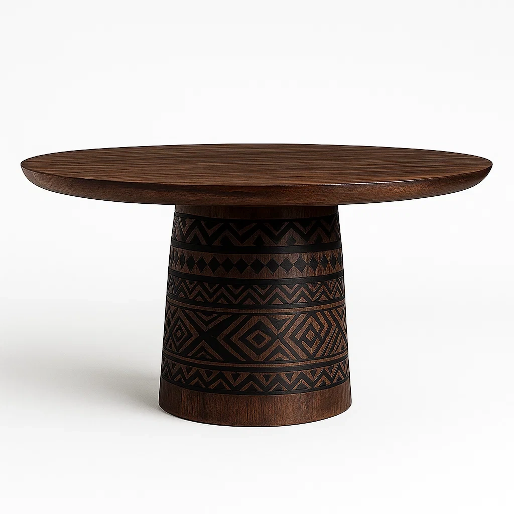 Tavolo da pranzo per interni rotondo in legno con base incisa