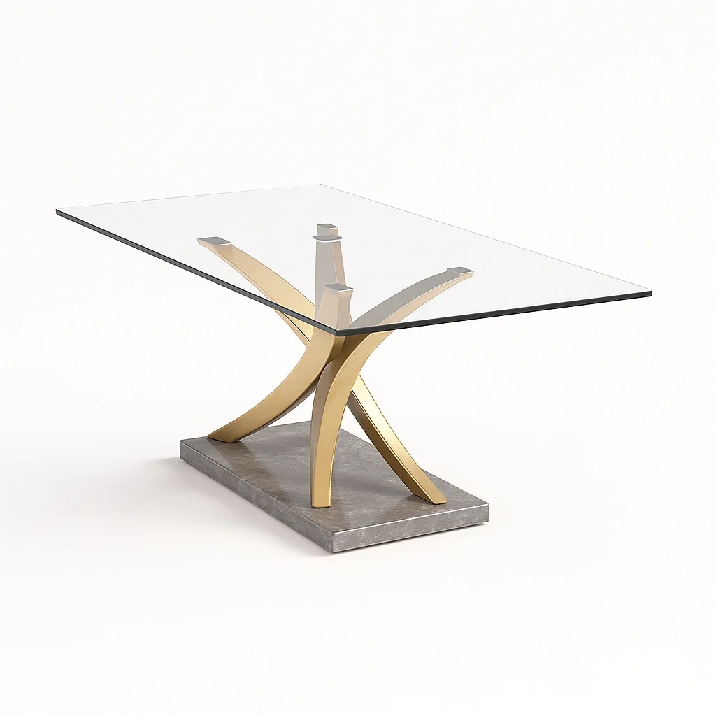 Tavolo da pranzo per interni in Vetro Temperato con Base in Marmo e Acciaio Dorato, 180x90x75 cm