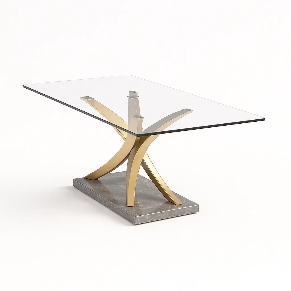 Tavolo da pranzo per interni in Vetro Temperato con Base in Marmo e Acciaio Dorato, 180x90x75 cm