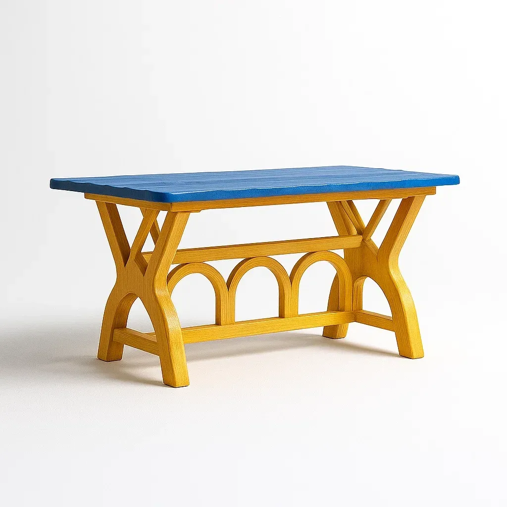 Tavolo rettangolare in legno giallo con piano blu