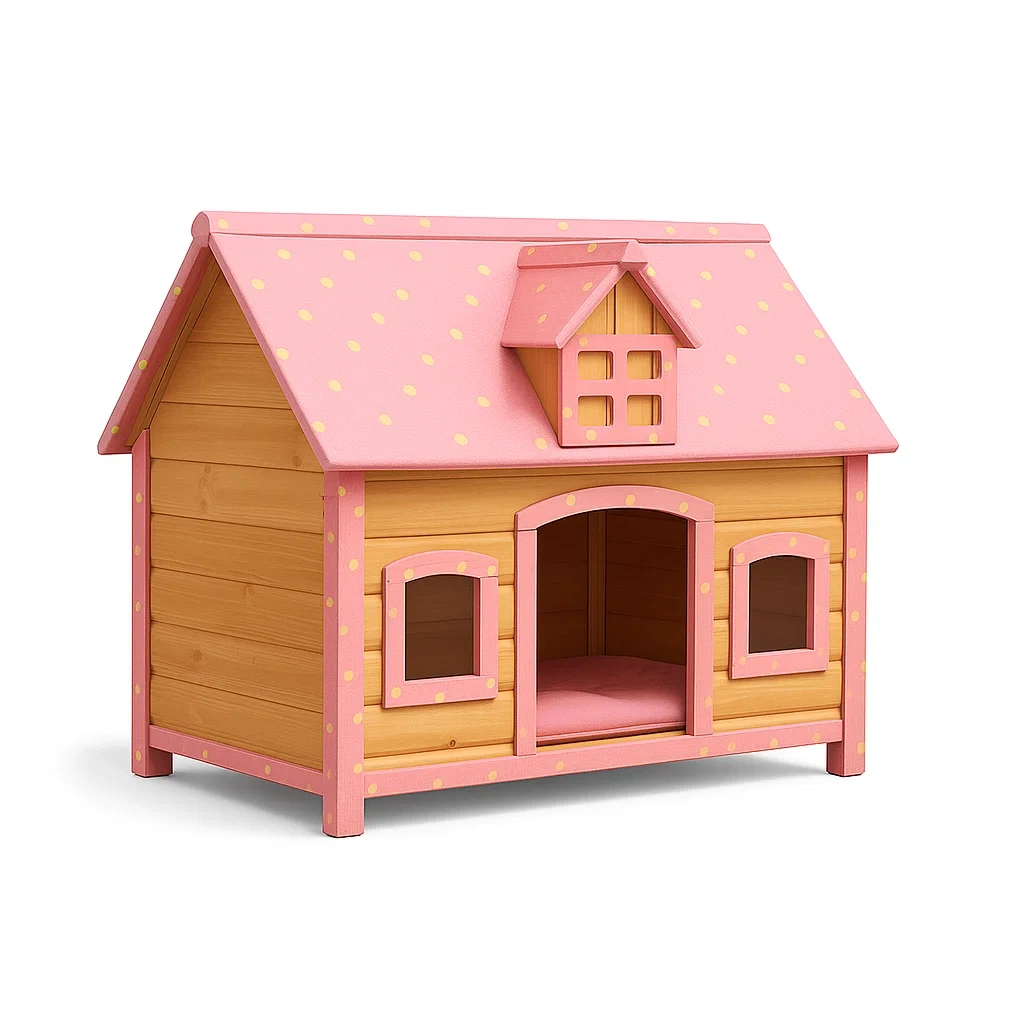 Cuccie in legno di pino rosa con puntini gialli