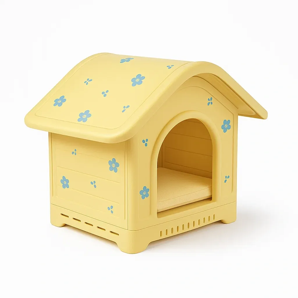 Cuccie in plastica gialla con fiori blu per animali domestici