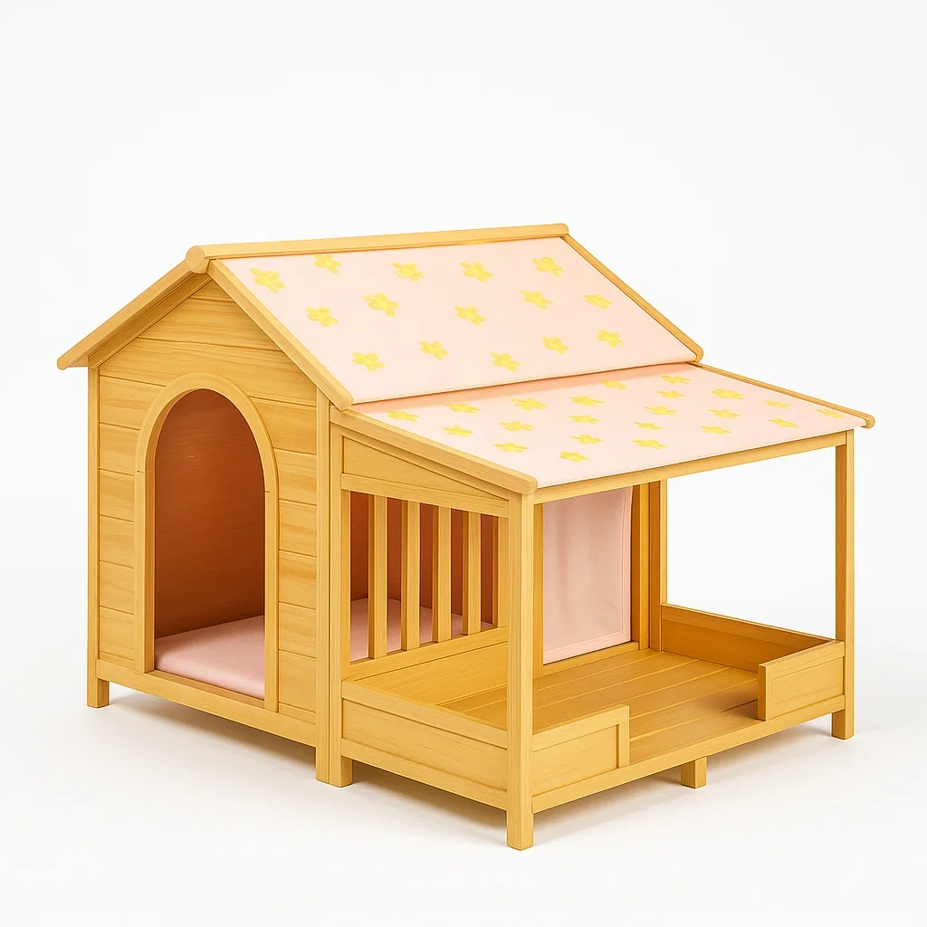 Cuccie in legno chiaro con tetto rosa decorato per animali