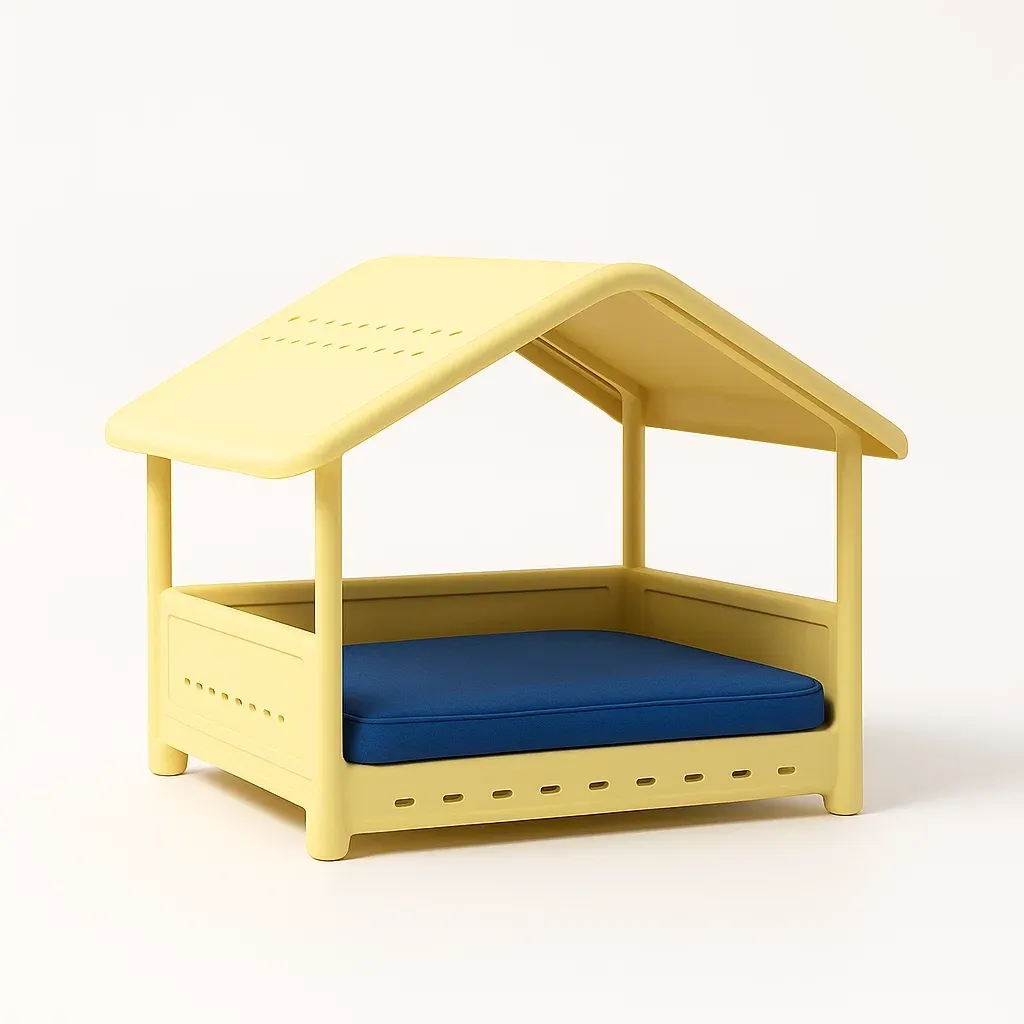 Cuccie in plastica gialla con cuscino blu per animali