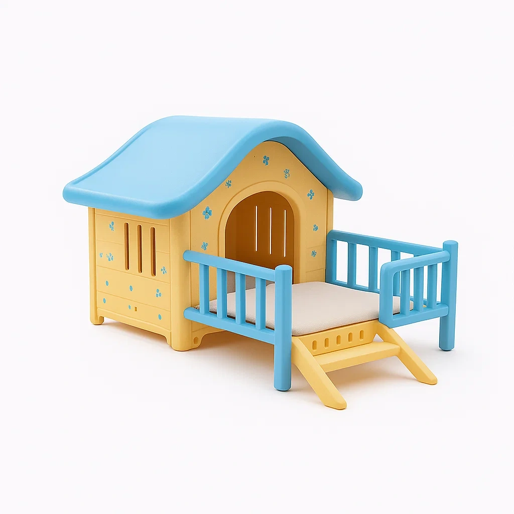 Cuccie in plastica gialla e azzurra con cuscino