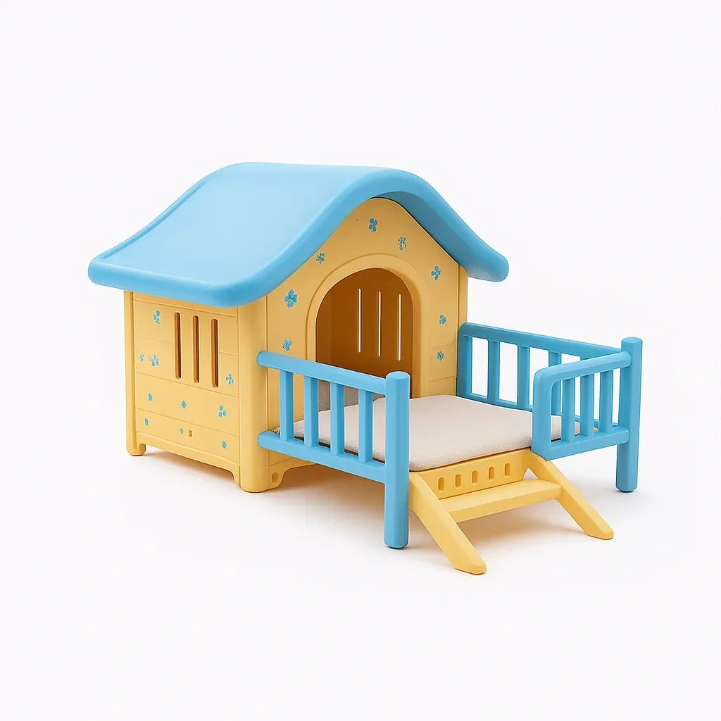 Cuccie in plastica gialla e azzurra con cuscino