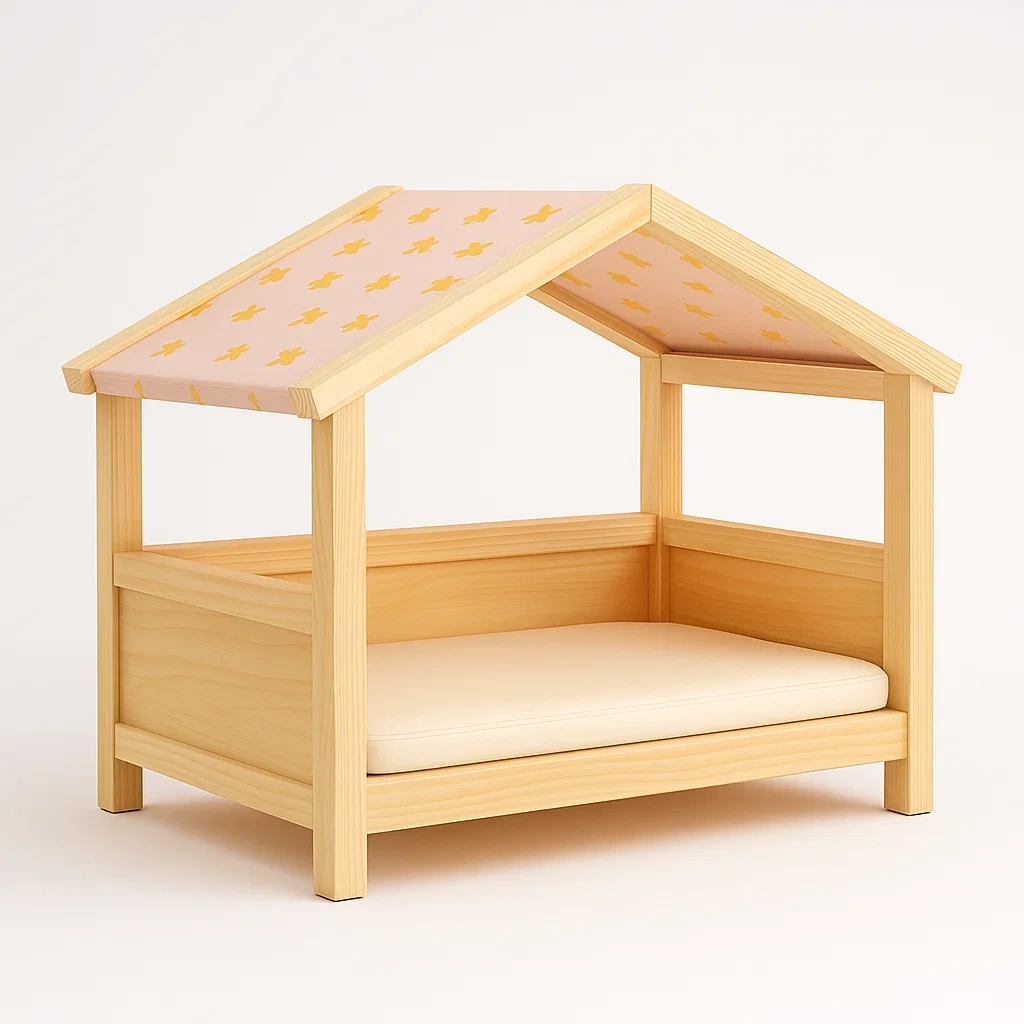 Cuccie in legno con materasso e tetto rosa