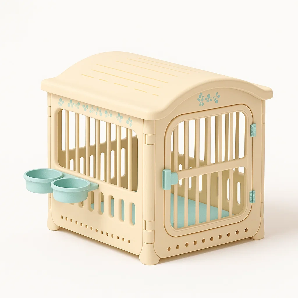 Cuccie pieghevoli in plastica crema e blu con ciotole per animali