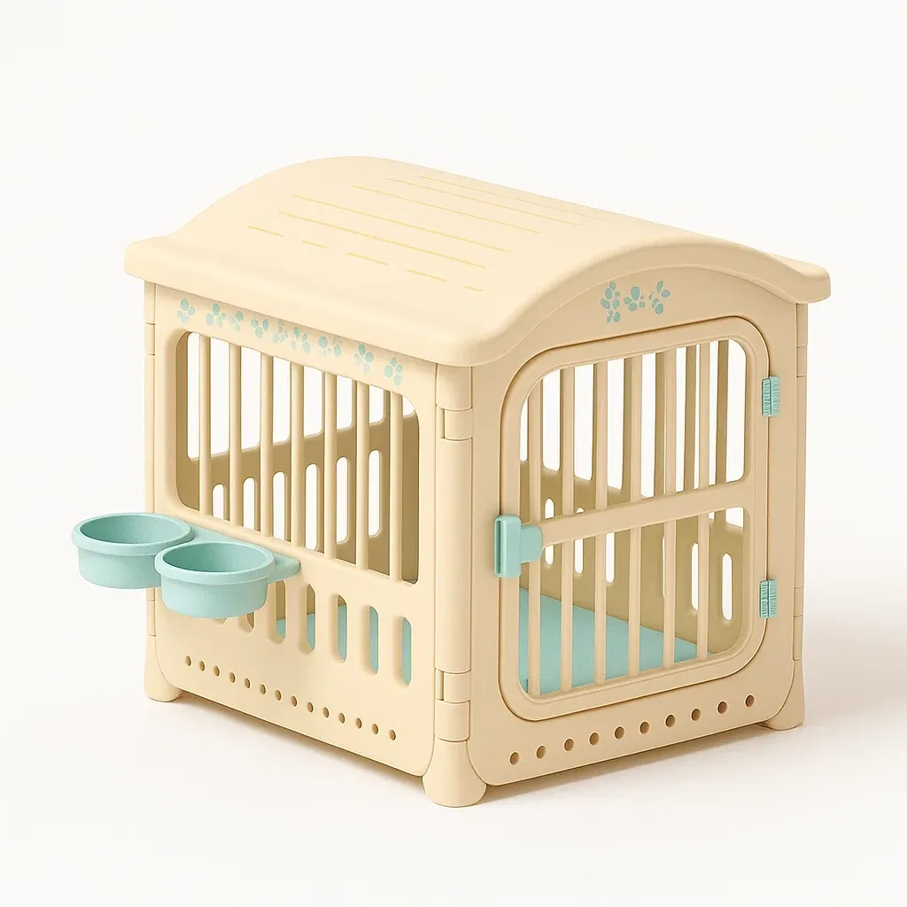 Cuccie pieghevoli in plastica crema e blu con ciotole per animali