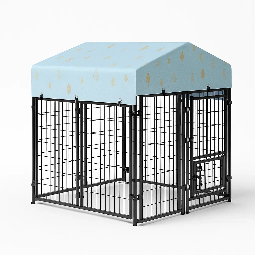 Recinzioni per animali in metallo nero con tettoia in tessuto impermeabile azzurro