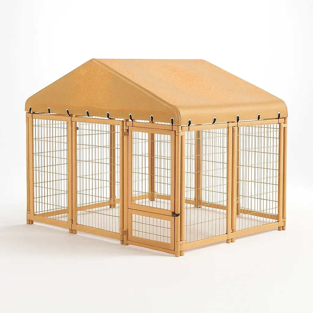 Recinzioni per animali in legno e metallo con tetto in tessuto poliestere 120x180x160 cm marrone