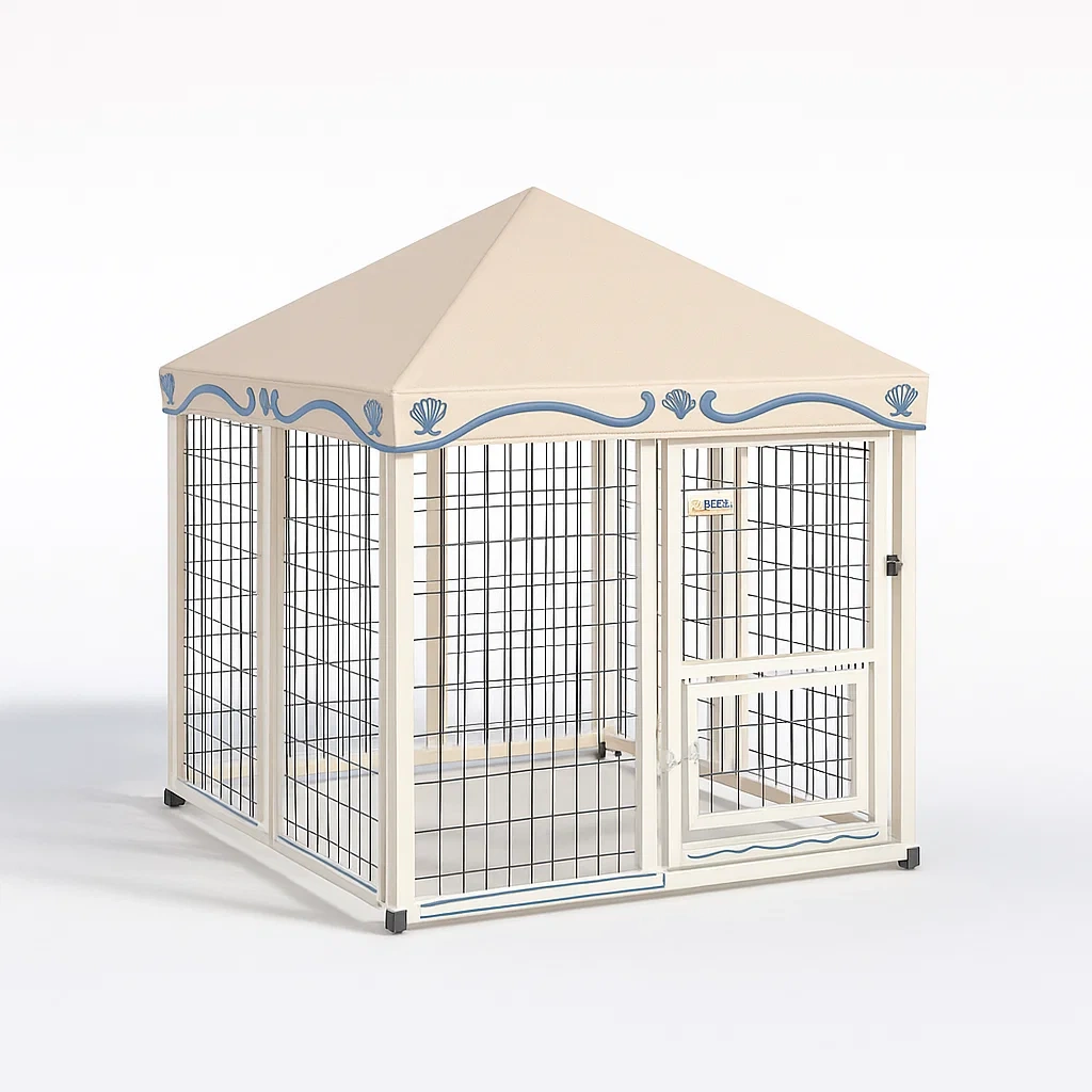 Recinzioni per animali in metallo con tettoia in poliestere crema e blu