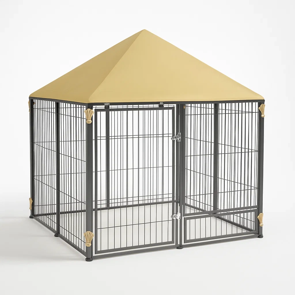 Recinzioni per animali in metallo con tetto piramidale nero e sabbia