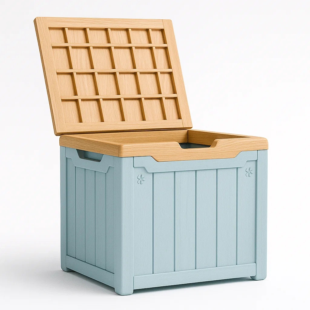 Cassoni in plastica blu con coperchio effetto legno