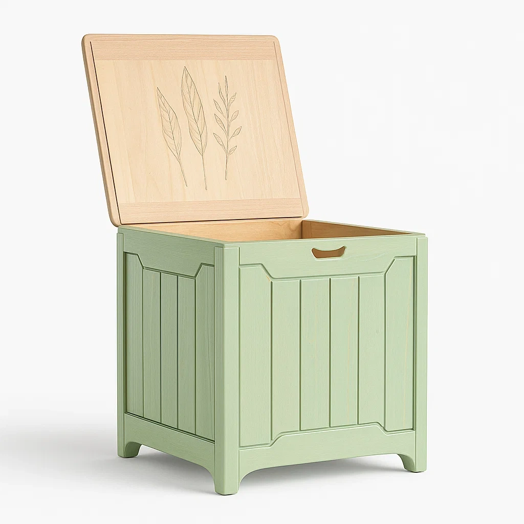 Cassoni per giocattoli in legno di betulla verde chiaro con incisione vegetale