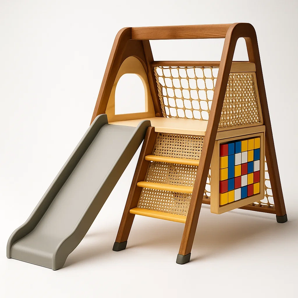 Scivolo in legno con blocchi colorati