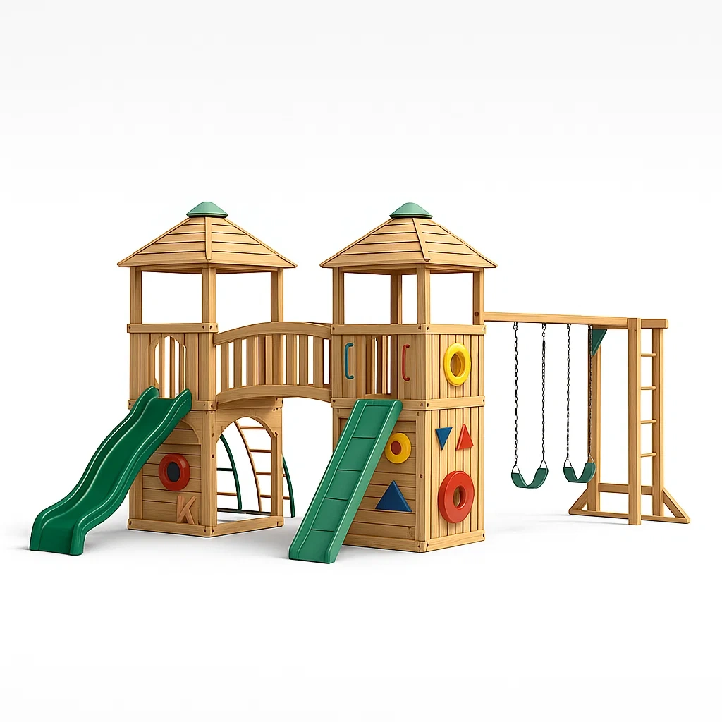 Set scivolo e altalena in legno con scivolo HDPE verde per bambini